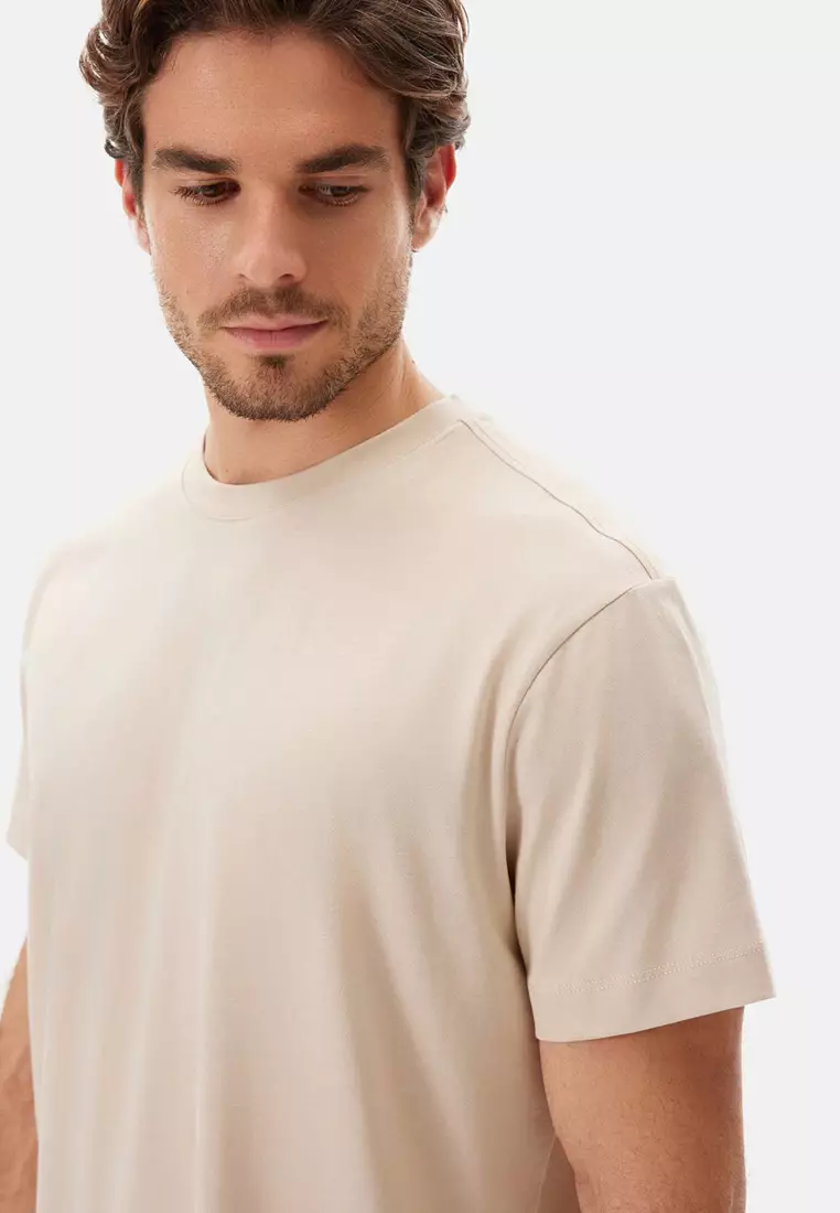 Beige T-Shirt, Crew Neck, Regular, Short Sleeve Loungewear for Men