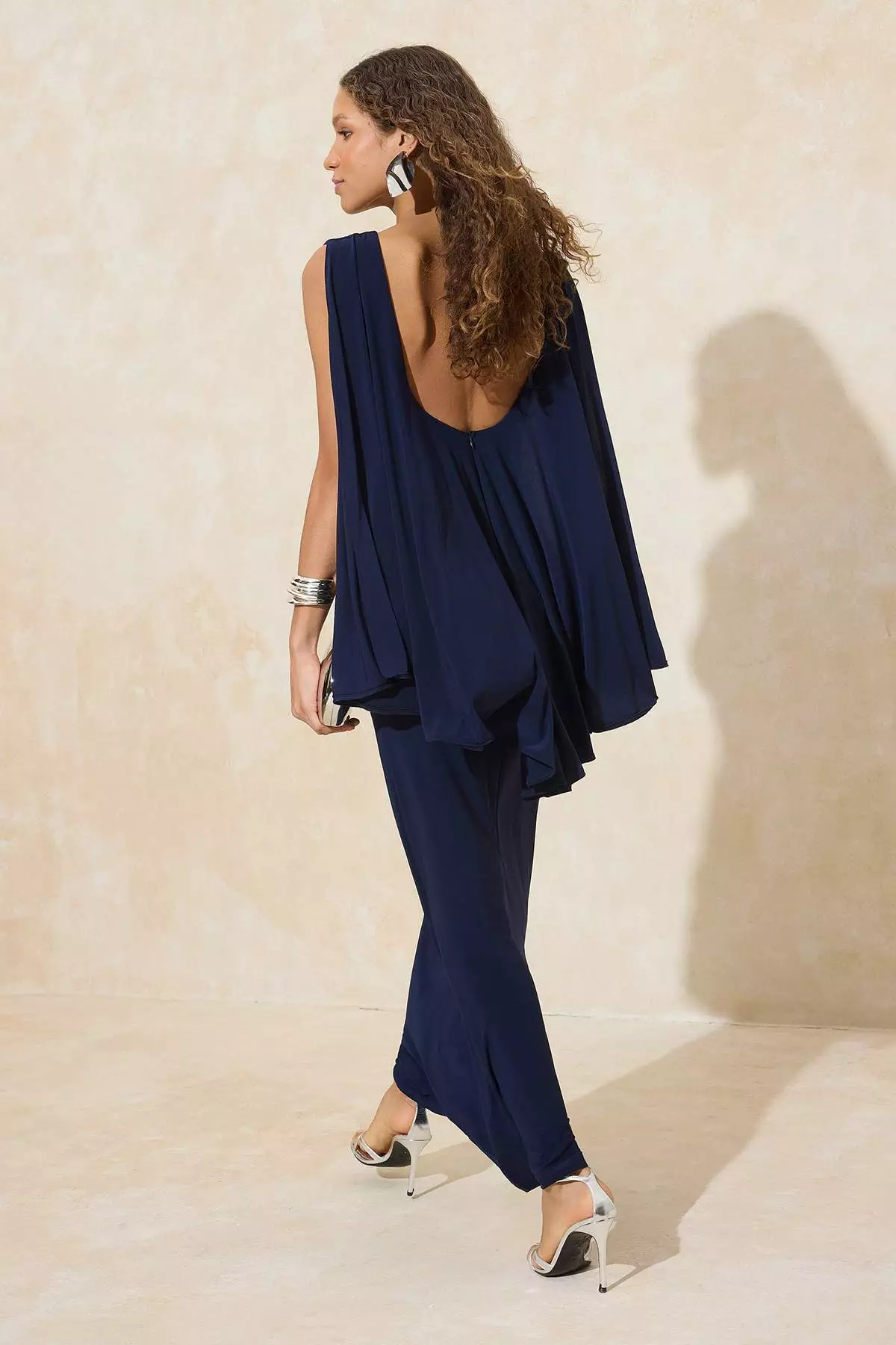 Navy Blue Cape Detailed Backless Maxi Evening & Graduation Dress Tprss26Ae23