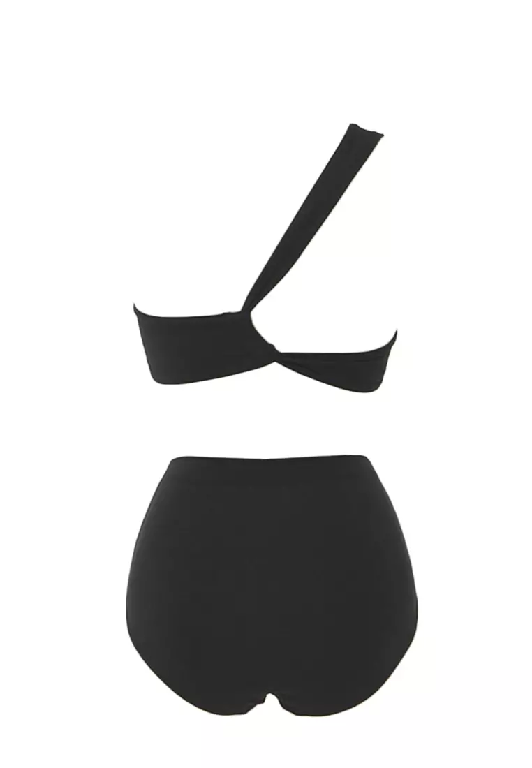 Sexy Solid Color One Shoulder High Waist Bikini Split Swimsuit A22031731BK