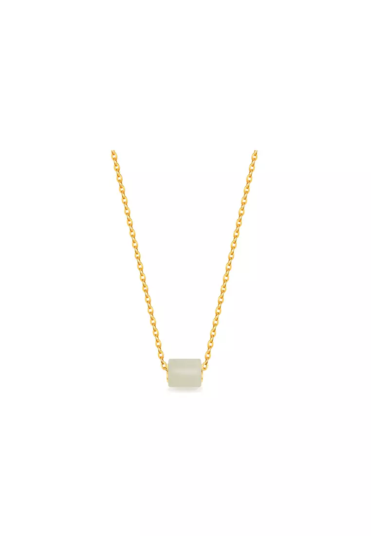 999.9/24K Gold Foil Inlaid White Jade with 916/22K Gold Polo Chain Necklace Set J2