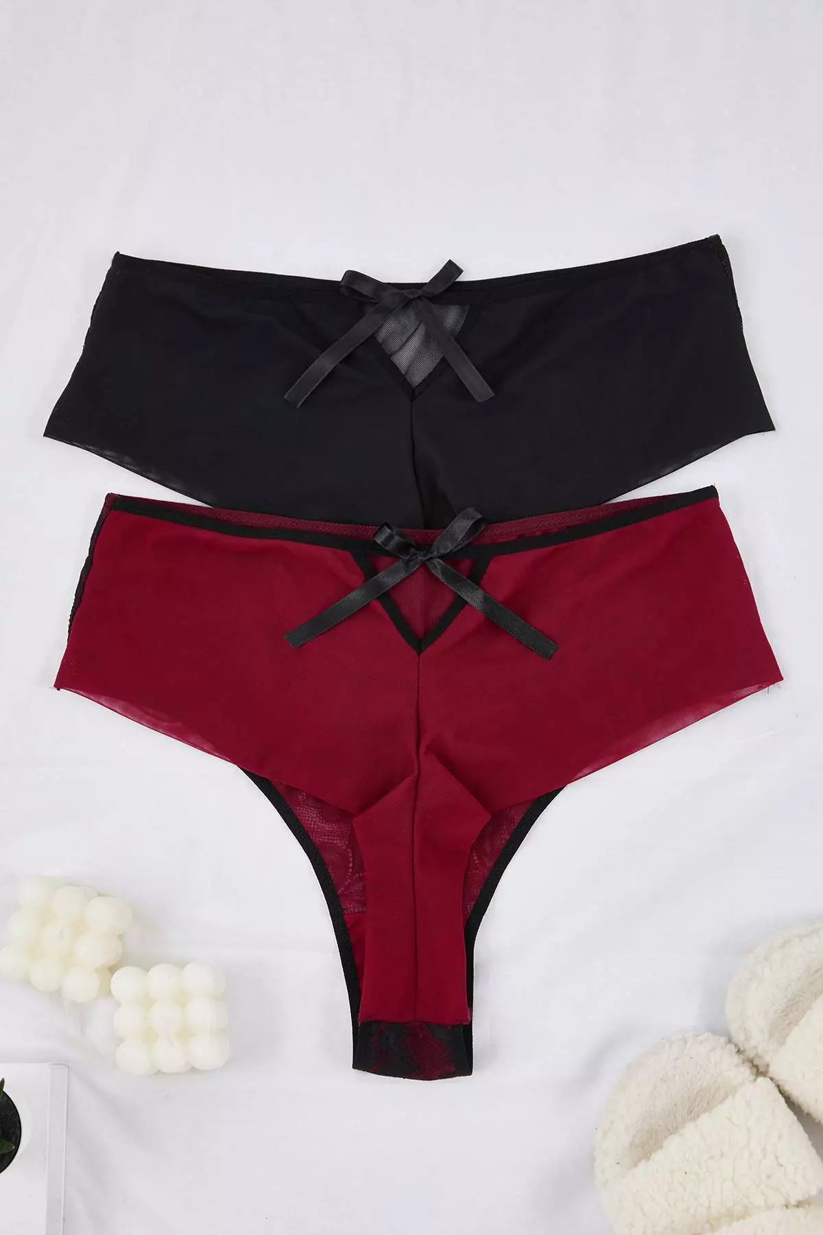 Cherry-Black 2-Pack Bow Lace Detailed Brazilian Sexy Plus Size Panties Tbbaw26Cm00002