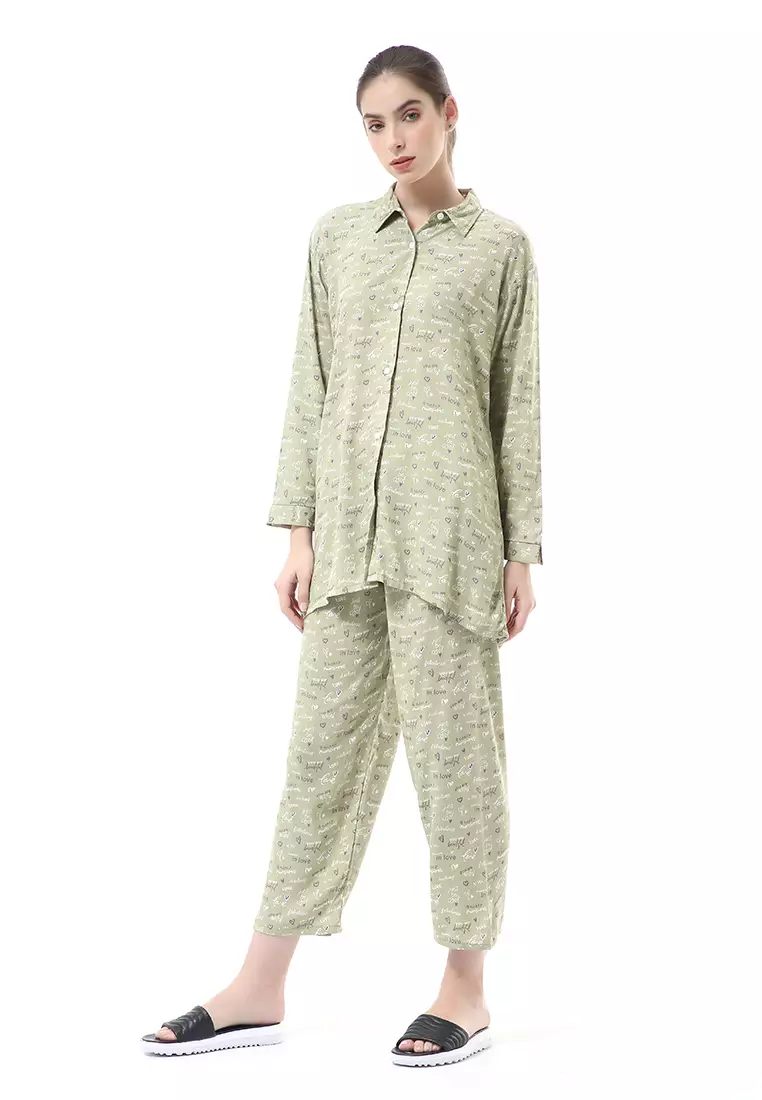 Nayra One Set Setelan Kemeja Wanita Lengan Panjang Love Motive Full Kancing Material Rayon ORIGINAL - Green