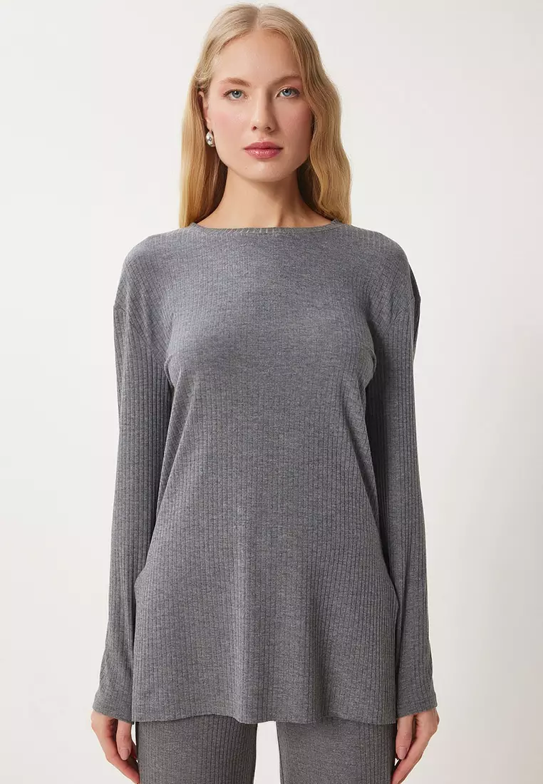 Comfortable Ribbed Knitted Blouse Trousers Set