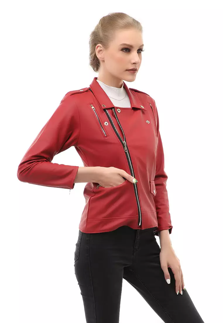 Glenice Jaket Kulit Casual Wanita Windproof Stylish Design Material Leather ORIGINAL - Red