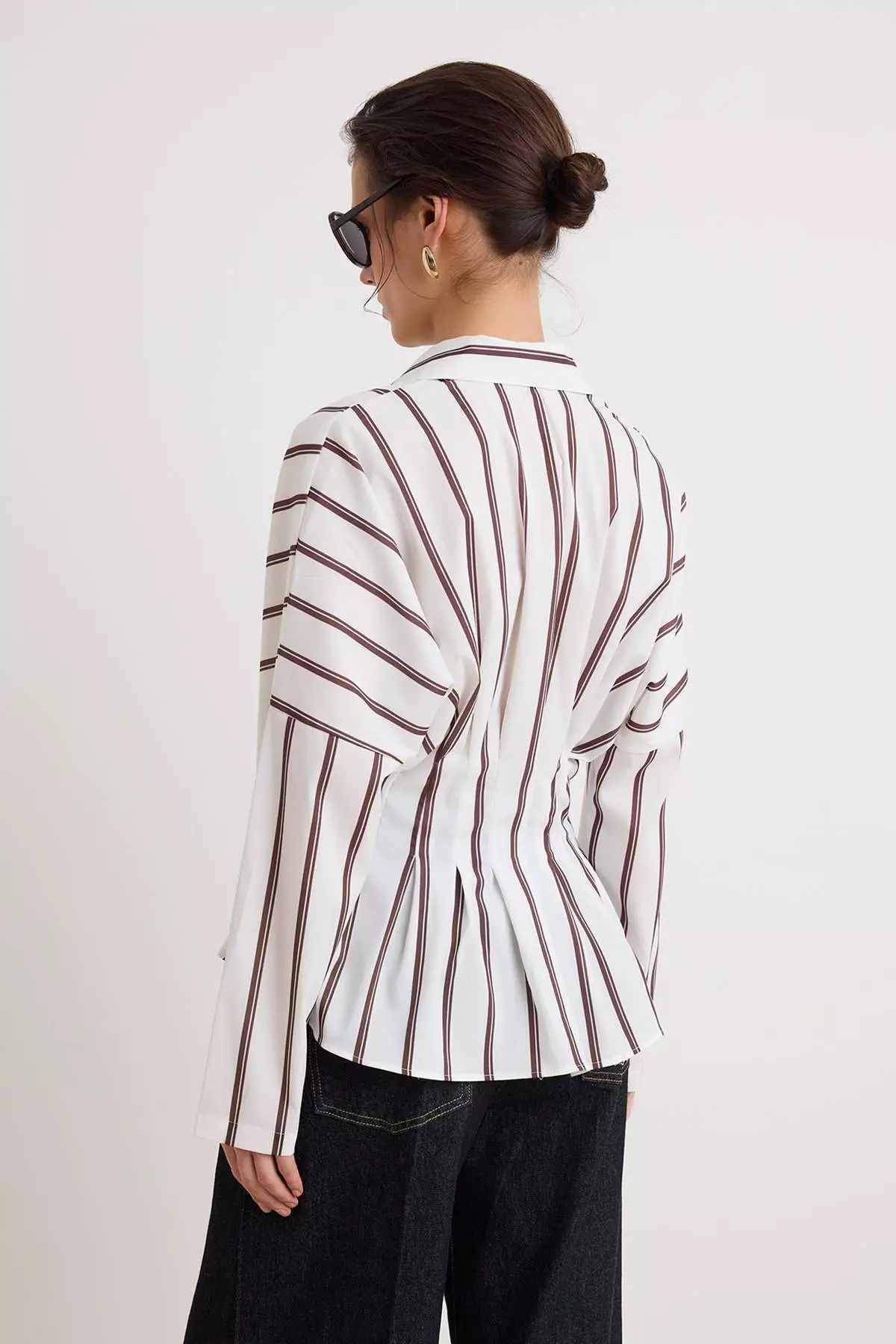 Ecru Brown Striped Lycra Waist-Fitted Shirt Twoaw26Go00113