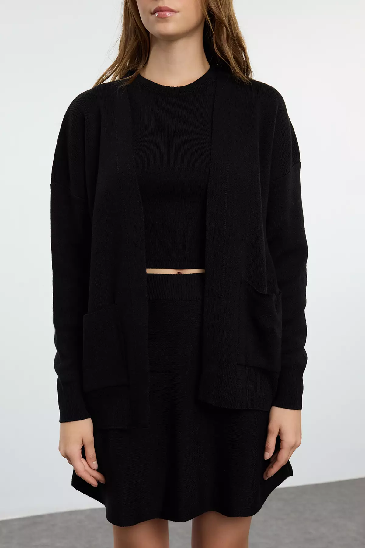 Black Knitwear Skirt Blouse Cardigan Set