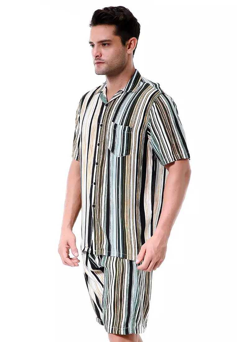 Deon Piyama Pria Motif Salur Kemeja One Set Lengan Pendek Material Rayon ORIGINAL - Multicolor