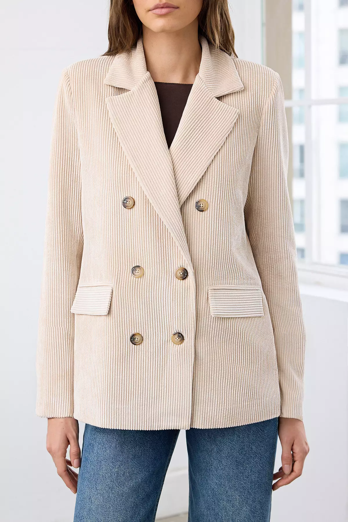 Stone Double Breasted Closure Relaxed Fit Woven Velvet Blazer Jacket