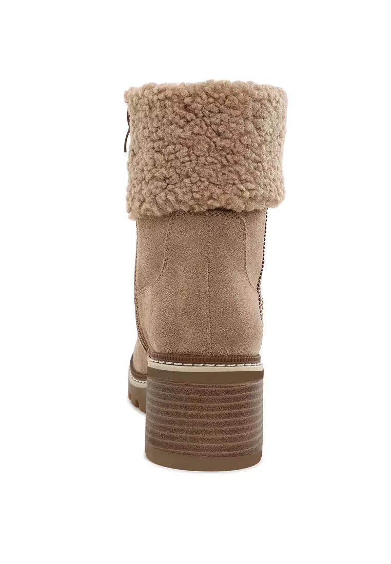 Faux Fur & Embroidery Detail Boots in Beige