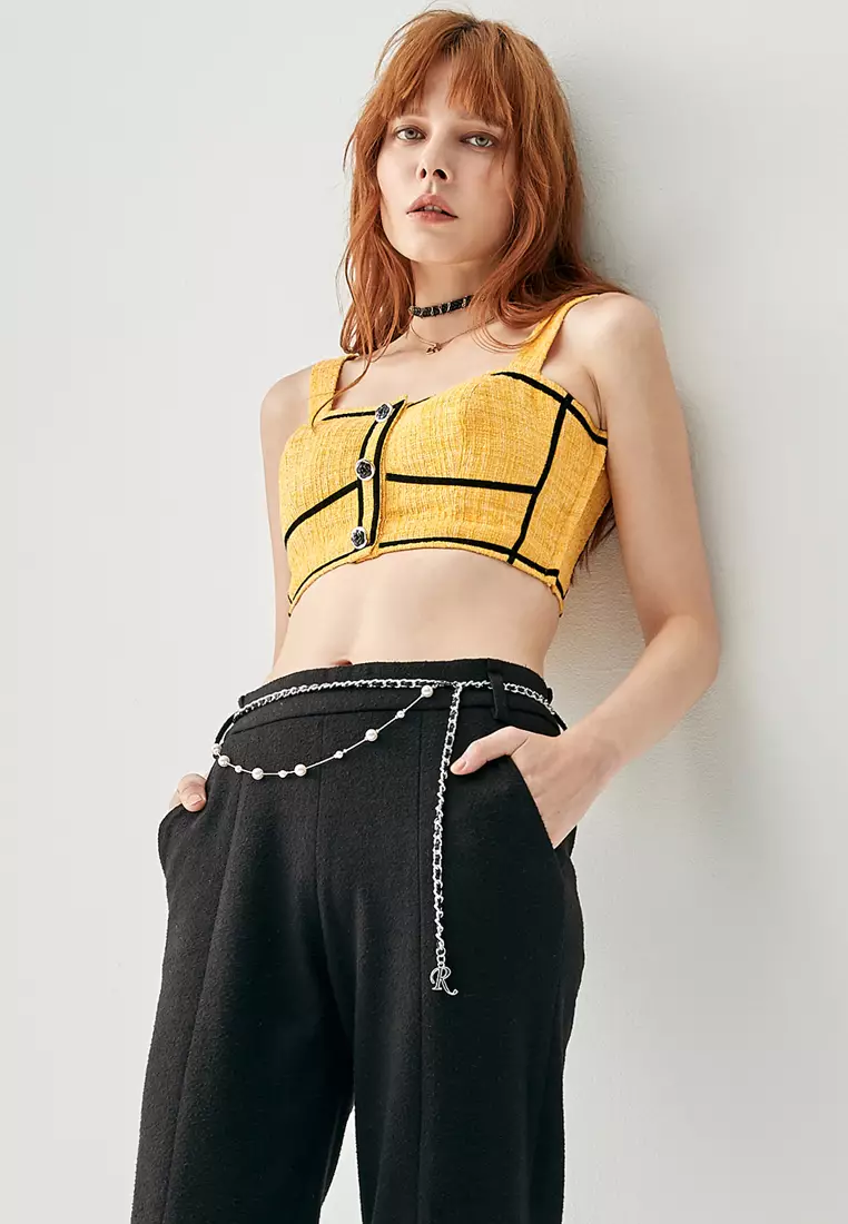 Yellow Crop Tweed Tank Top With Contrast Detail