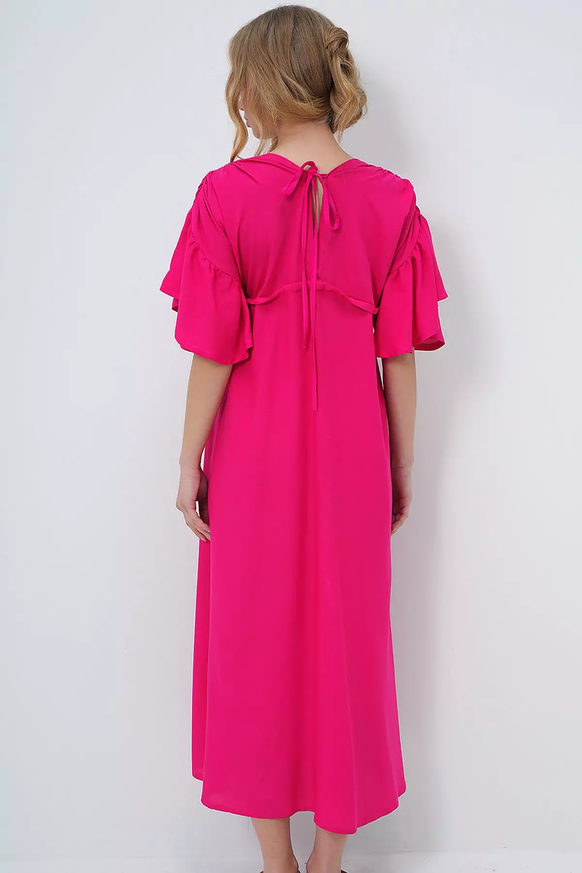 Women's Fuchsia V Neck Backless Tie Detail Front Buttoned Summer Poplin Dress