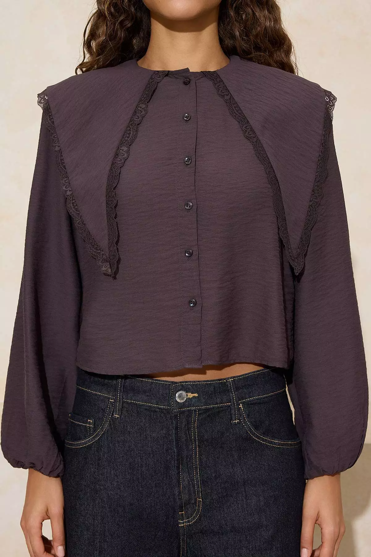Dark Brown Peter Pan Collar Lace Paneled Soft Keys Shirt Twoss26Go12