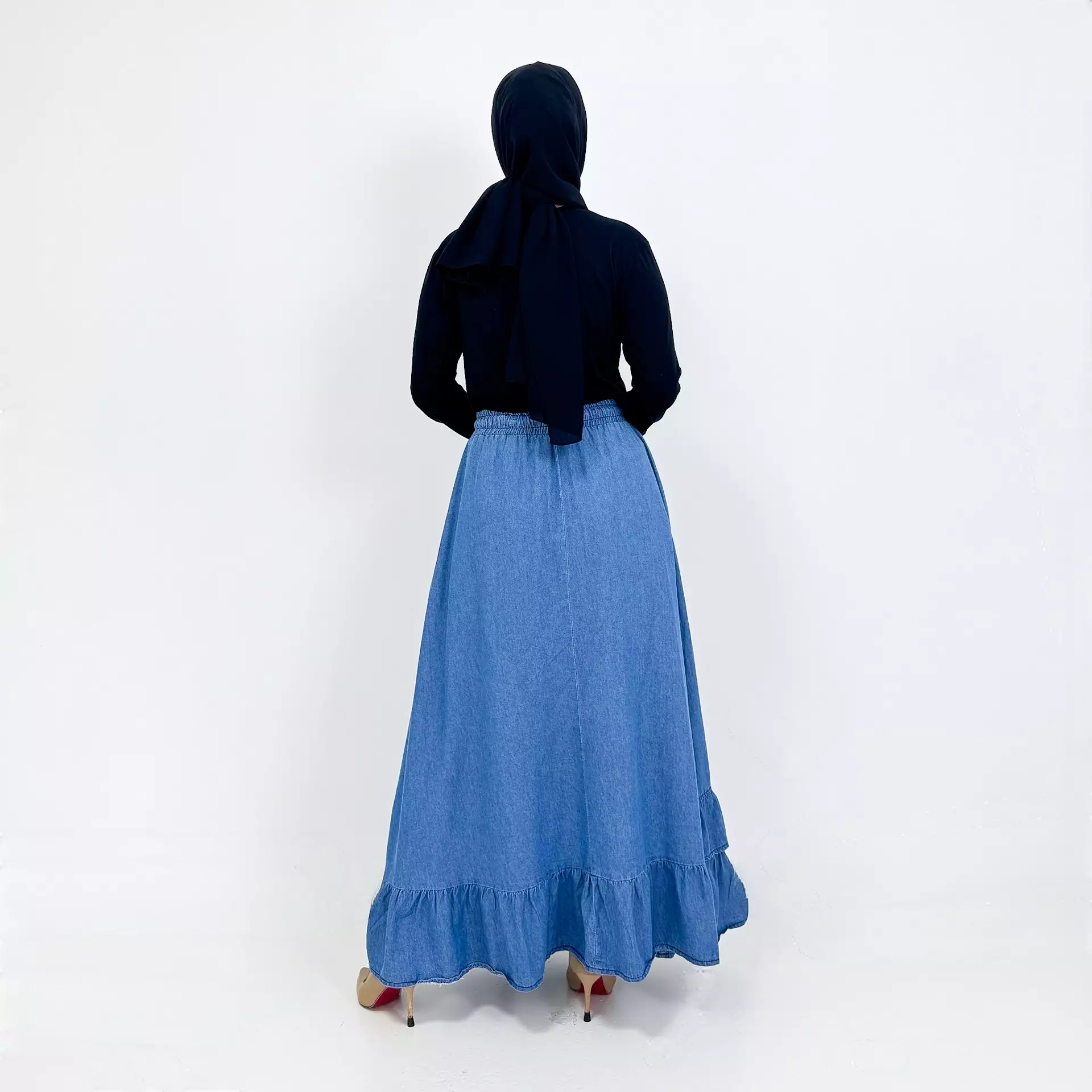 Long Skirt Denim Nayra [BIRU MUDA] Rok Soft Jeans Panjang Ruffle