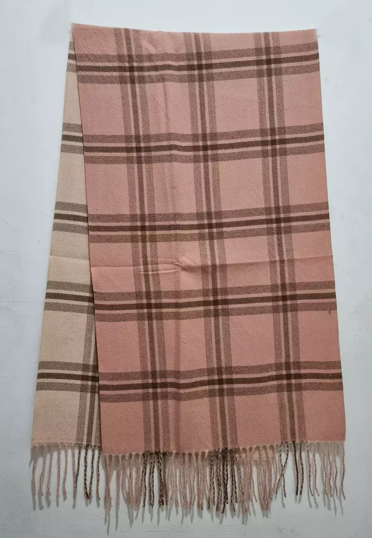 Aksesoris Wanita Double Side  Checks Motif Cashmere Pashmina Shawl Syal Wanita Kotak Kotak Pink & Beige
