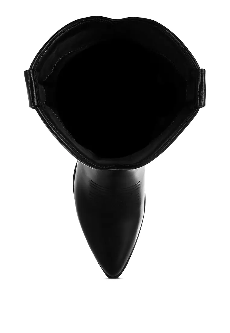 Faux Leather Long Cowboy Boots in Black