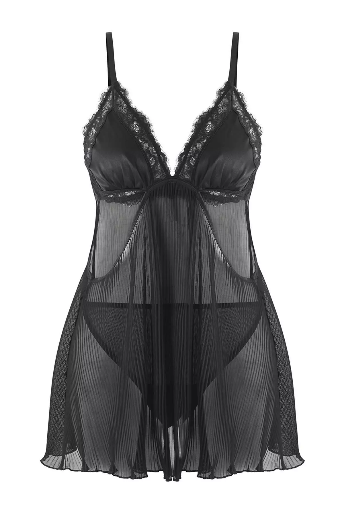 Black Tulle Pleated And Back Ribbon/Bow/Tie Panty Babydoll/Fantasy Nightgown