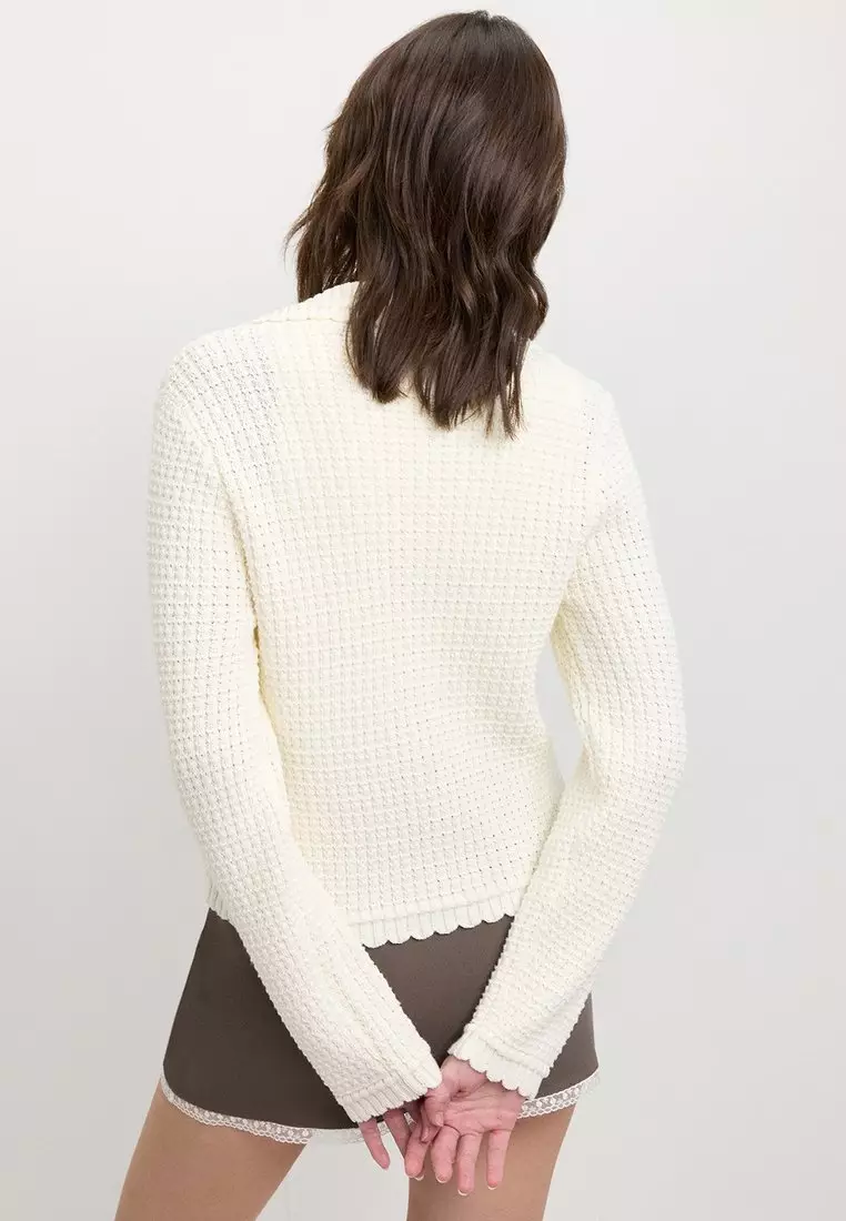 Waffle-Knit Collared Cardigan - Ivory