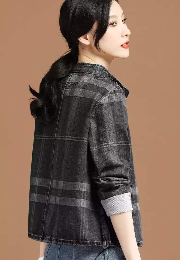 Checked denim outlet jacket