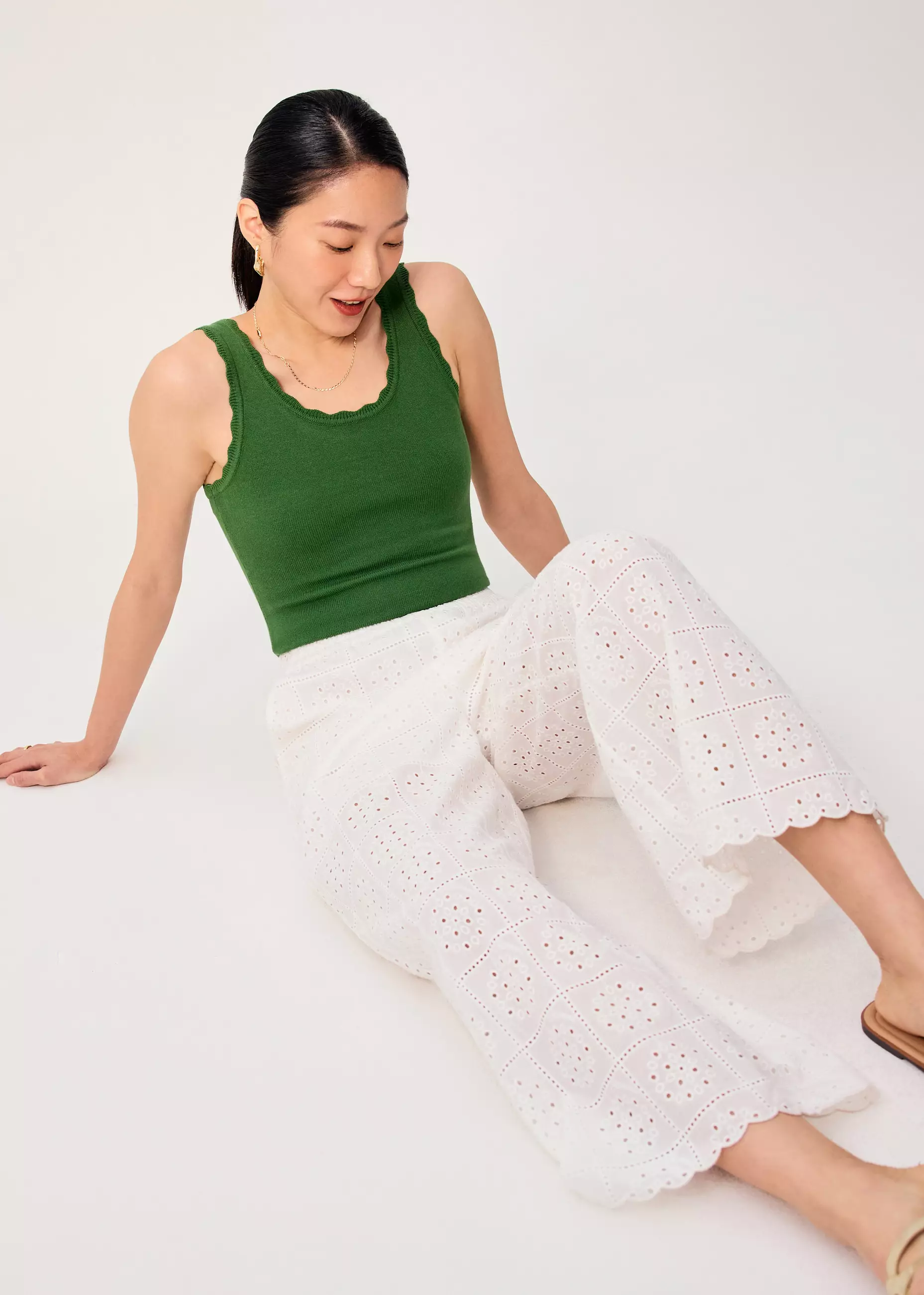 Celana Panjang Wanita - Elastic Cotton Broderie Mid Waist Straight Leg Pants