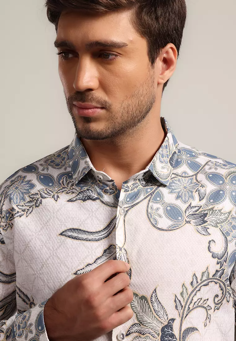 MOC - Kemeja Batik Pria Lengan Panjang Balereng - White Warna White