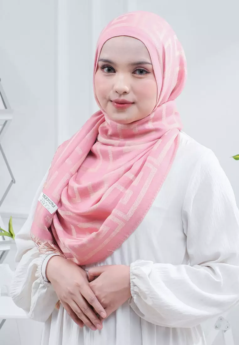 Hijab Pashmina Wanita Reversible Viscose Geometric Maze Pattern Pashmina Shawl Syal Wanita Radiant Rose Pink