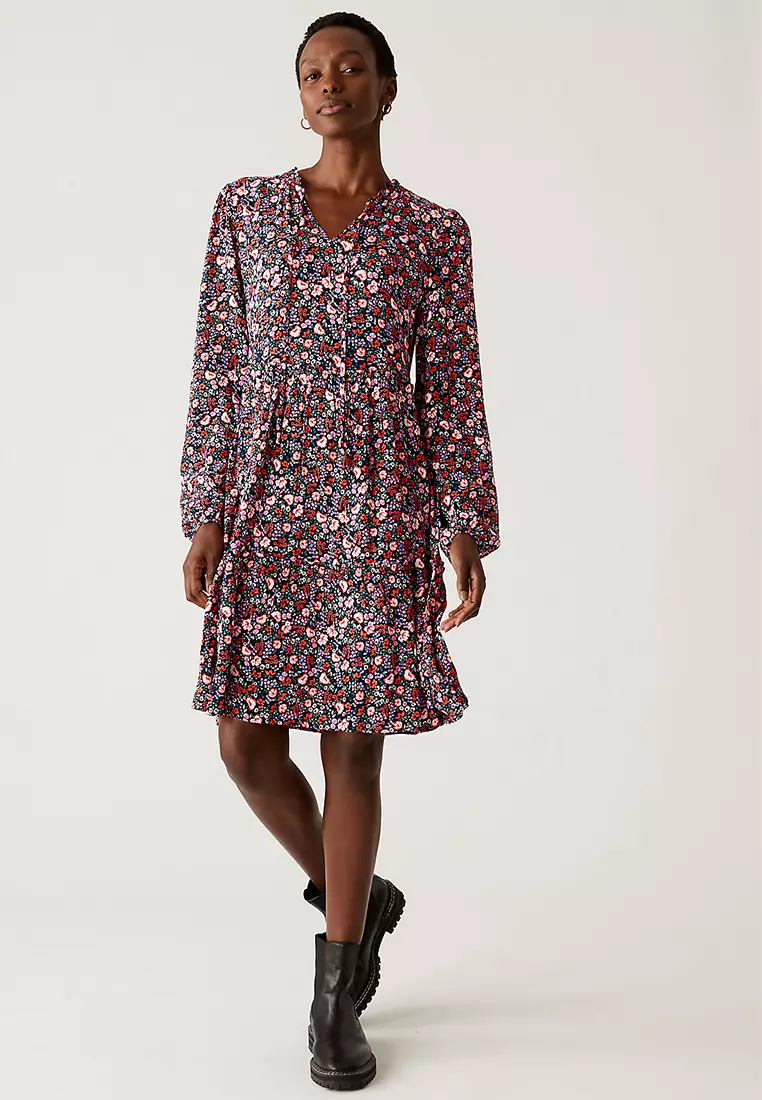 Printed Tie Neck Tiered Dress