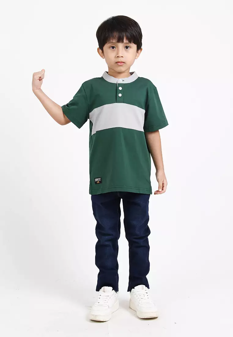 Forest Kids Premium Weight Cotton Stretchable Mandarin Collar T Shirt Men | T Shirt Baju Budak Lelaki - FK20170-40DkGreen