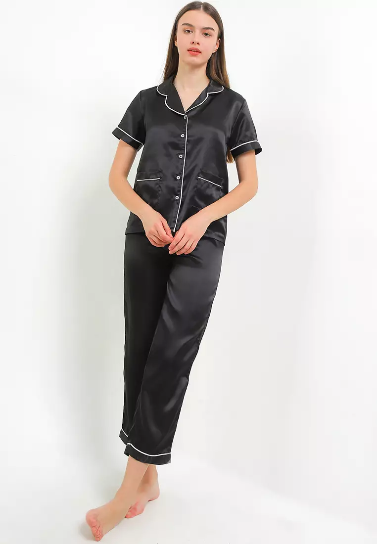 Piyama Pyjama Baju Tidur Satin Silk Couple Mens Short Sleeve Long Pants Sleepwear