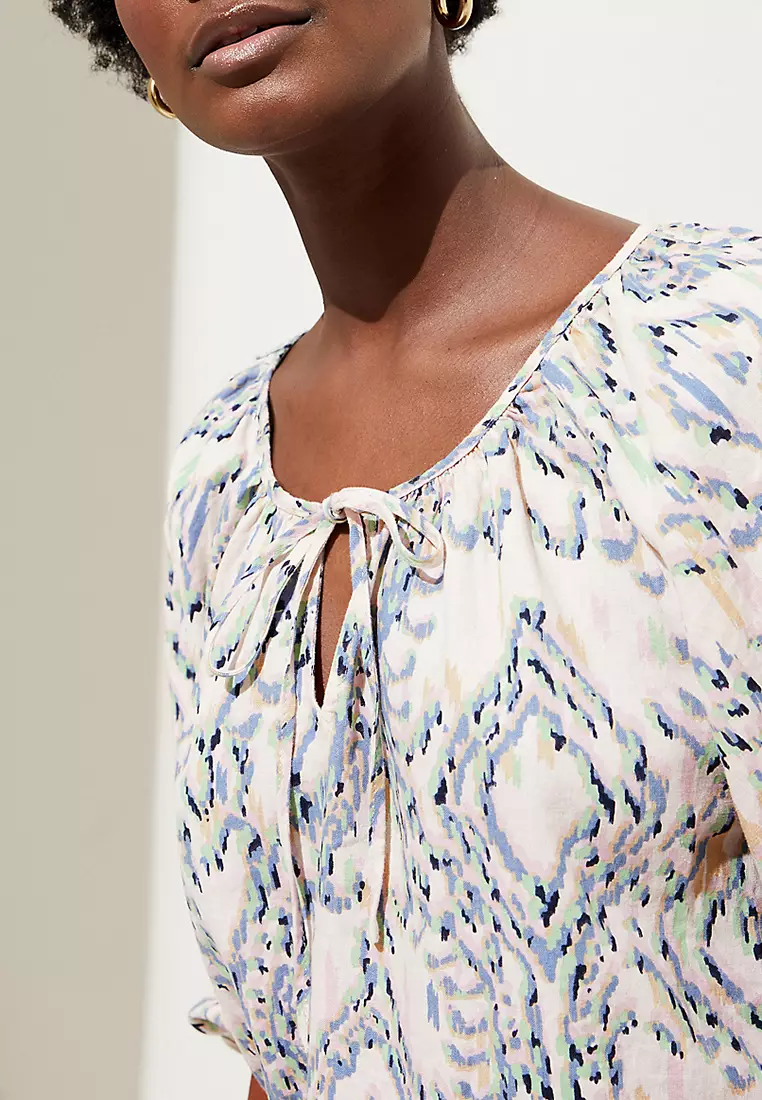 Linen Rich Printed Tie Neck Blouse