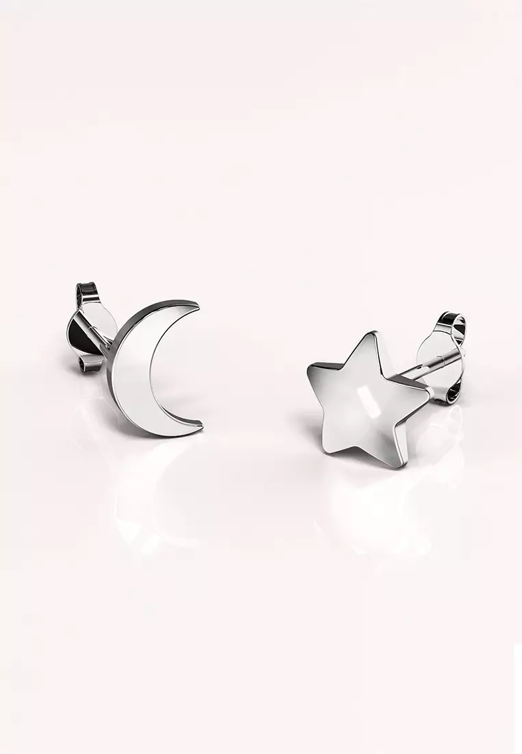 Solid 925 Sterling Silver Crescent Moon and Star Stud Earrings
