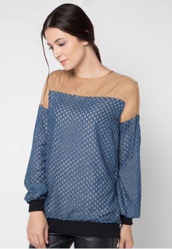 TEXTURED DENIM WITH CRÈME ORGANZA LONG SLEEVE TOP