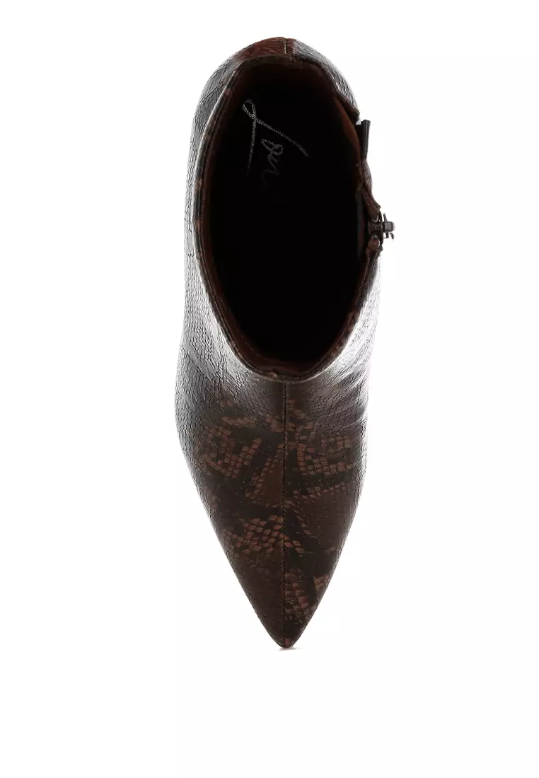 Snake Print Kitten Heel Boots in Chocolate