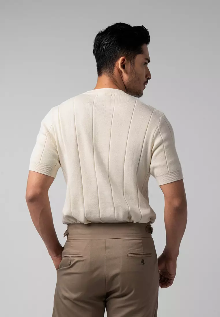 Mens Striped Knitted T-Shirt Cotton Off White SS