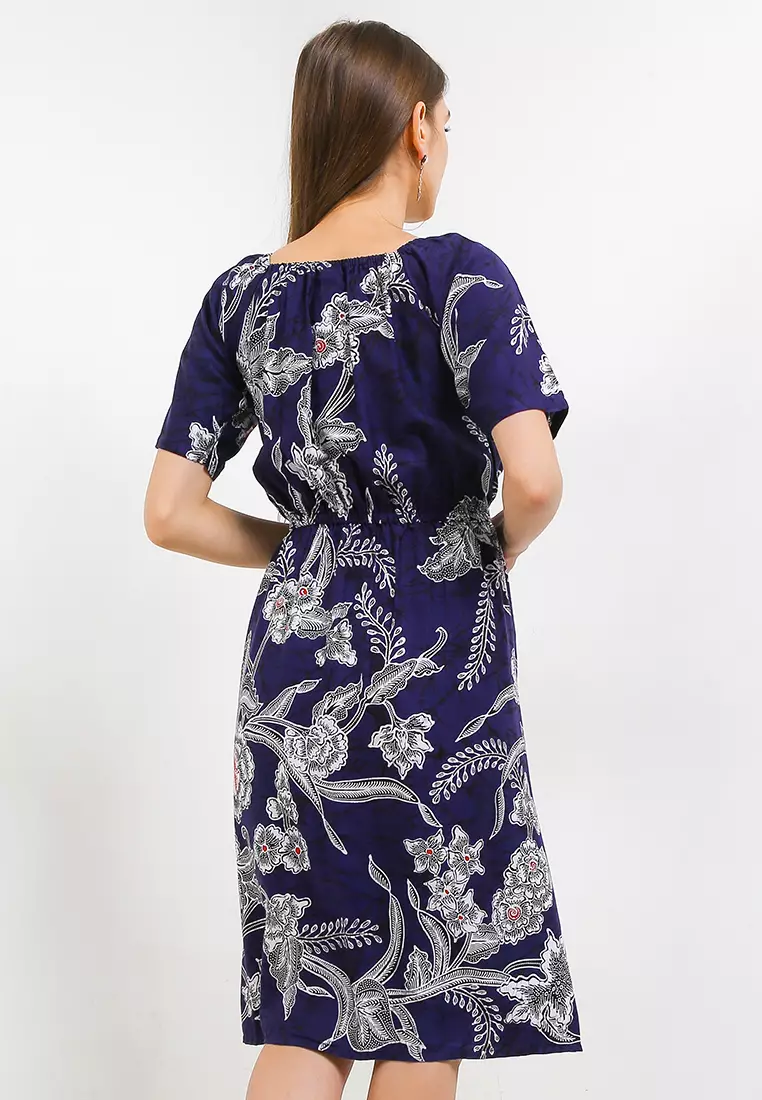 Dress Baju Batik Wanita Abigail Navy Lengan Pendek