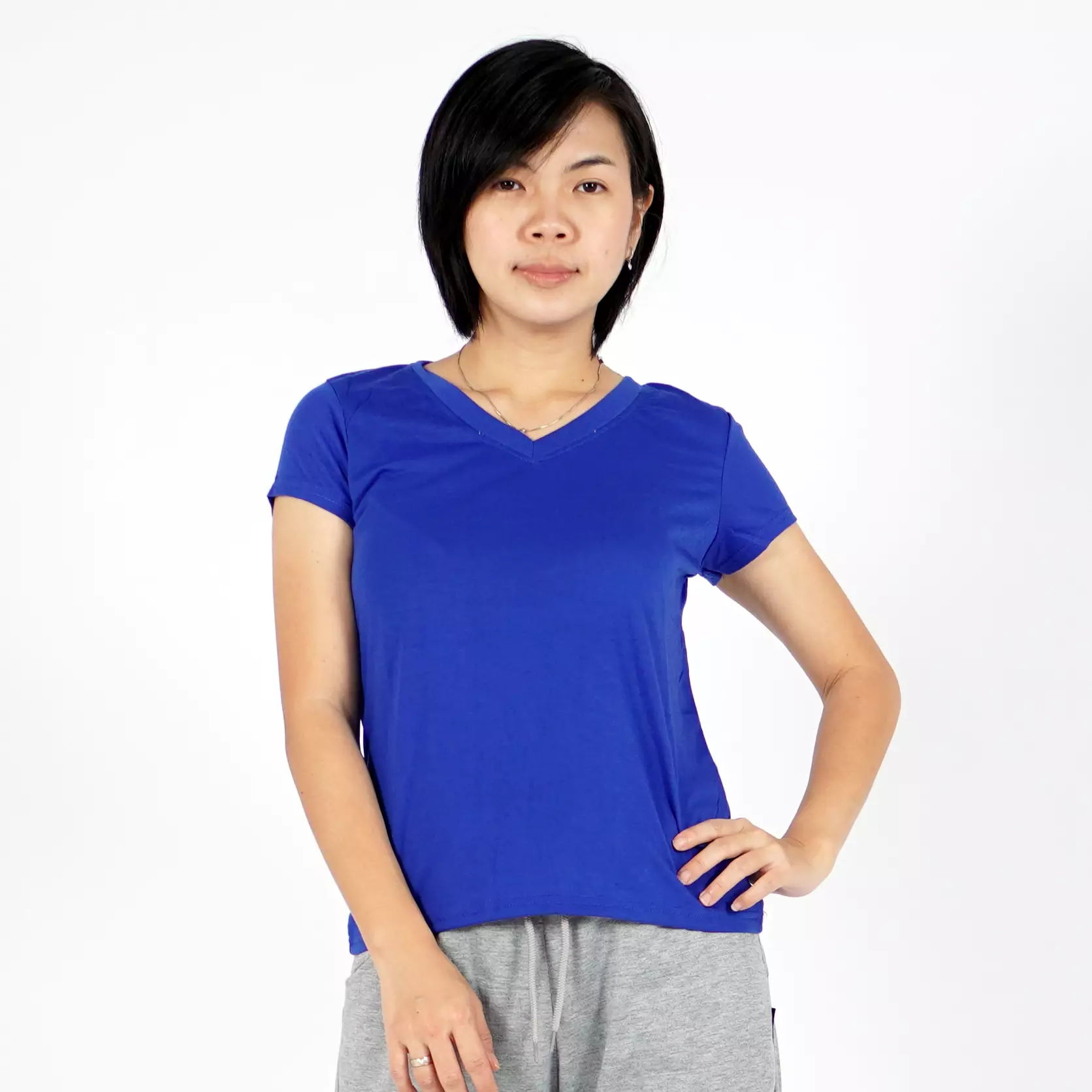 OKECHUKU Vioree T-Shirt V-Neck Oblong Polos Tangan Pendek Kaos Wanita Leher V - Biru