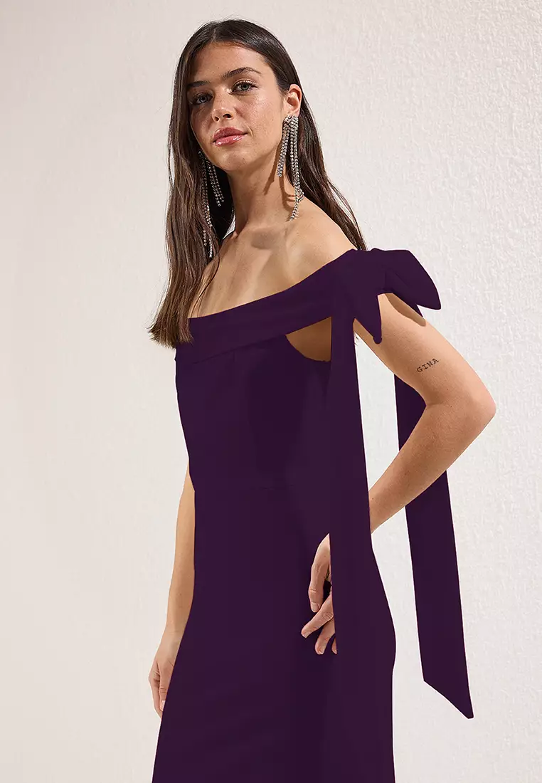 Purple Body Fitted Shoulder Bow Detail Knitted Stylish Evening Dress