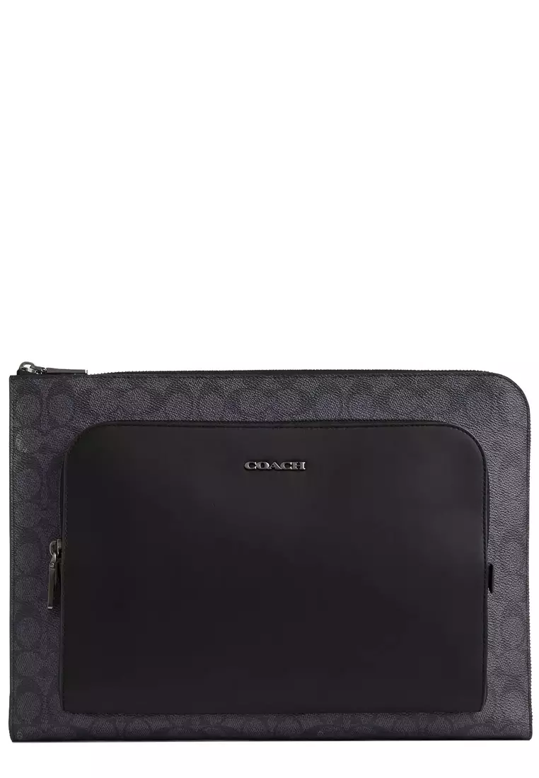 Ethan Portfolio Laptop Case In Signature Canvas in Charcoal/ Black CW363