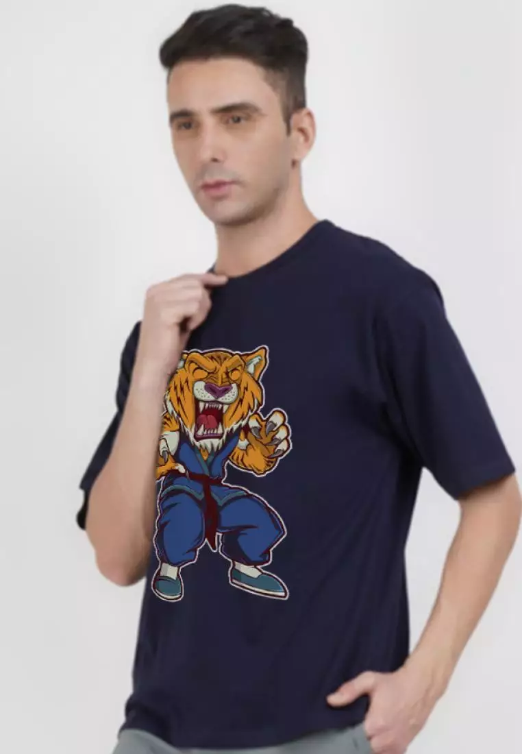 大廓形老虎功夫藏青色棉质短袖必备 T 恤