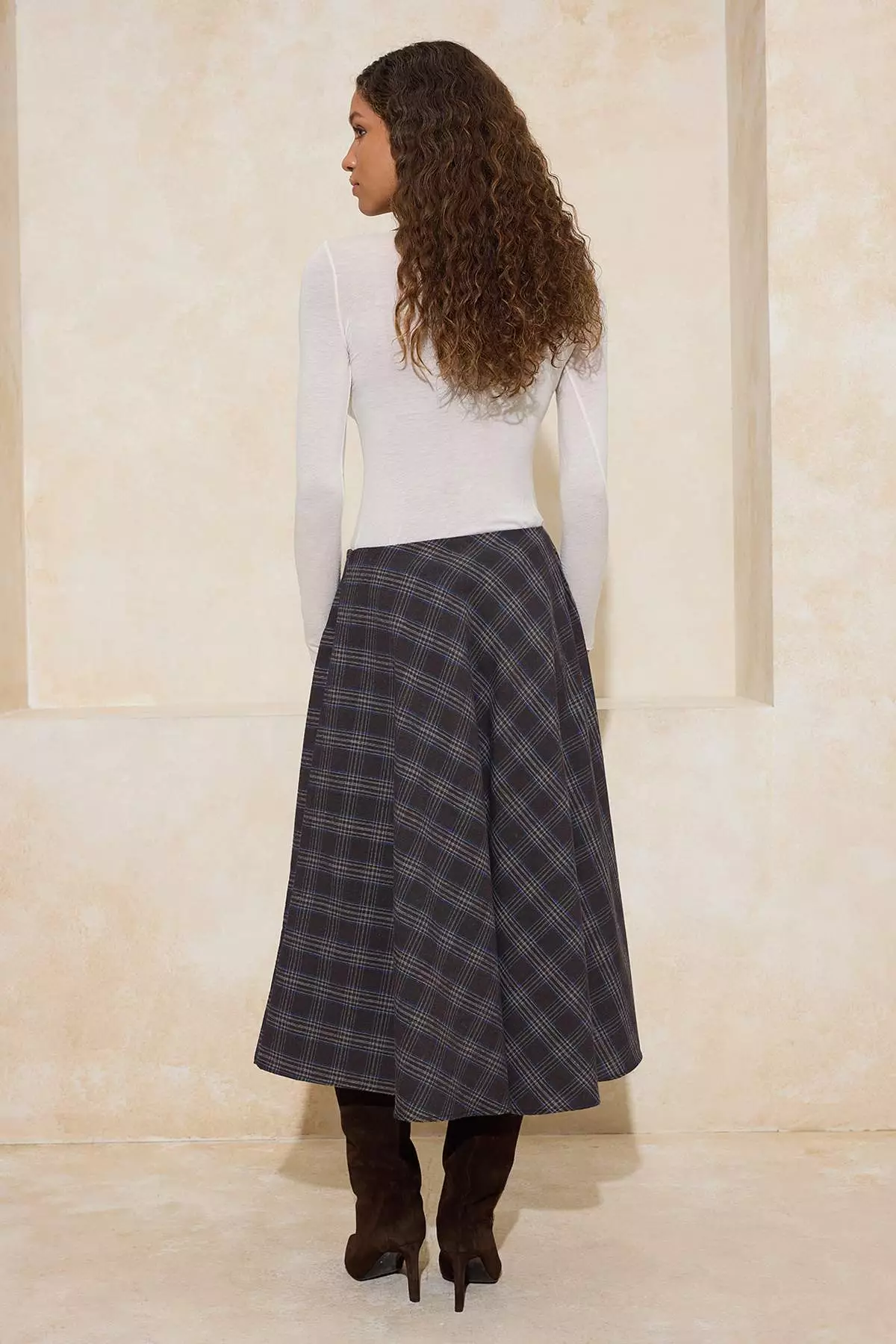 Brown Plaid/Checkered Flannel Woven Flared Midi Skirt Twoaw26Et172