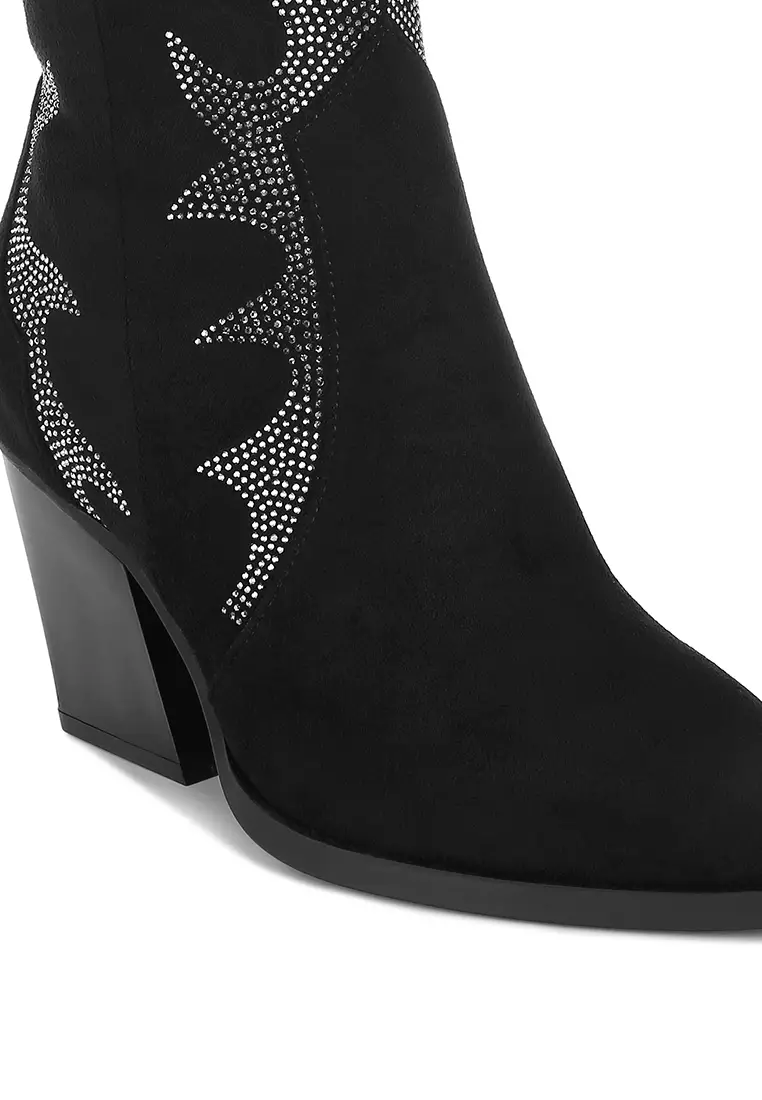 Rhinestones Embellished Calf Boots in Black