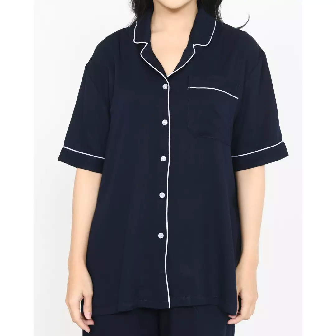 Piyama Cotton Rhena [BIRU] SIZE M-XXL Baju Tidur Short Sleeve Long Pants Sleepwear