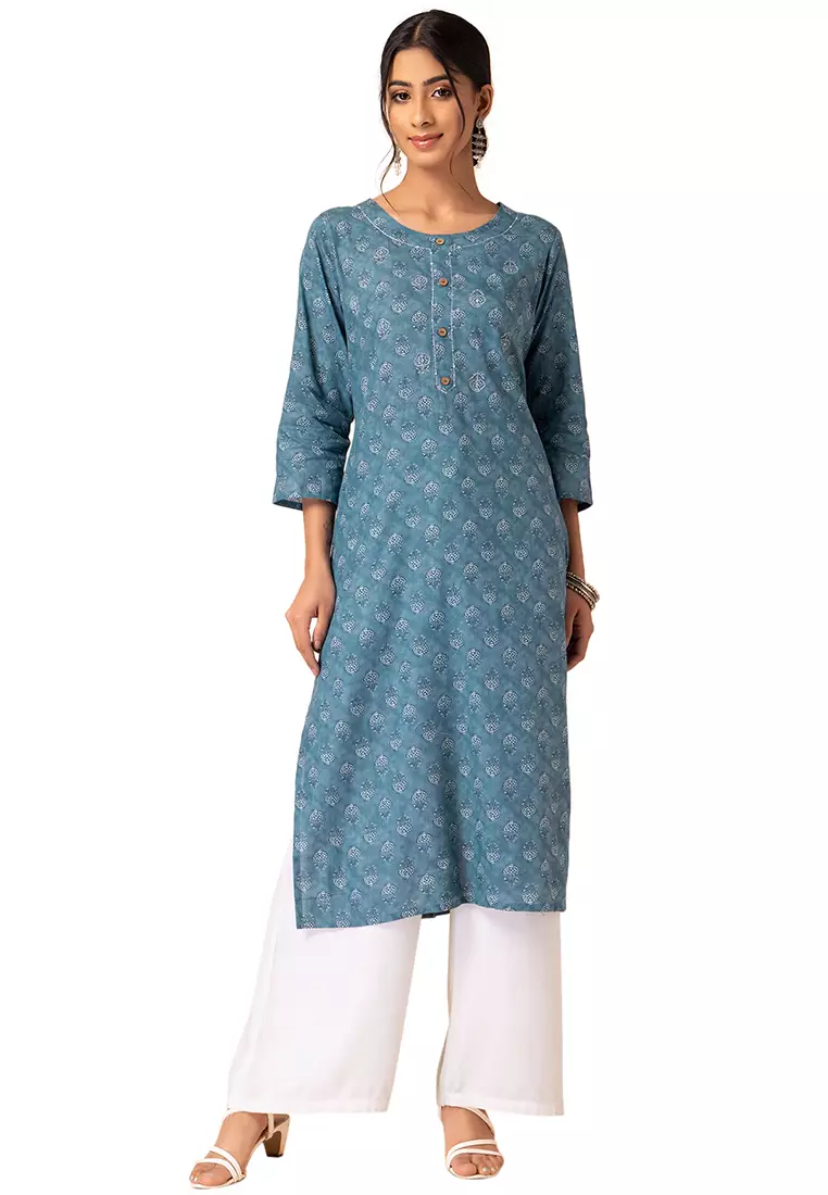 Buy Indya Blue Petal Boota Print Cotton Kurta Online ZALORA Malaysia