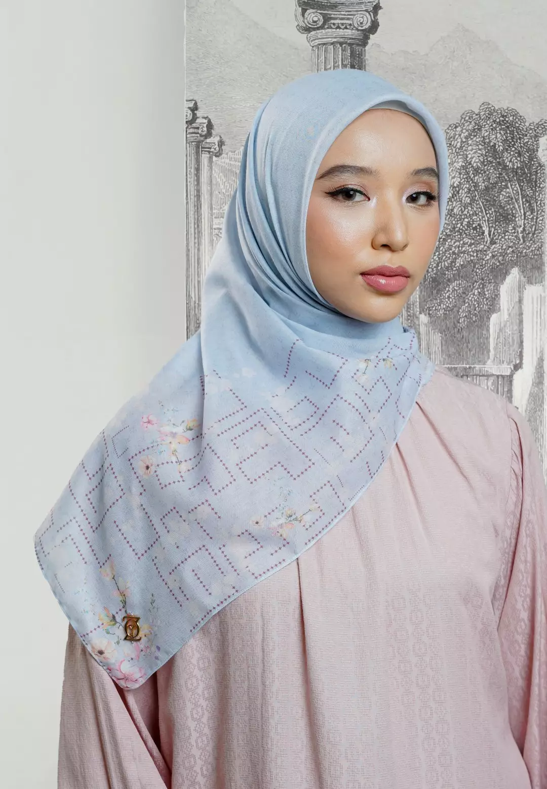 VIOLA Scarf Blue Fog - Kerudung Hijab Segiempat Motif With BOX - Bahan Nesla - Ukuran 115x115