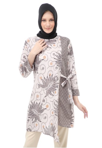 Evernoon grey Tunik Batik Modern Motif Daun Ulir Atasan Wanita Muslimah Fashionable - Grey 35D3DAAAD769A4GS_1