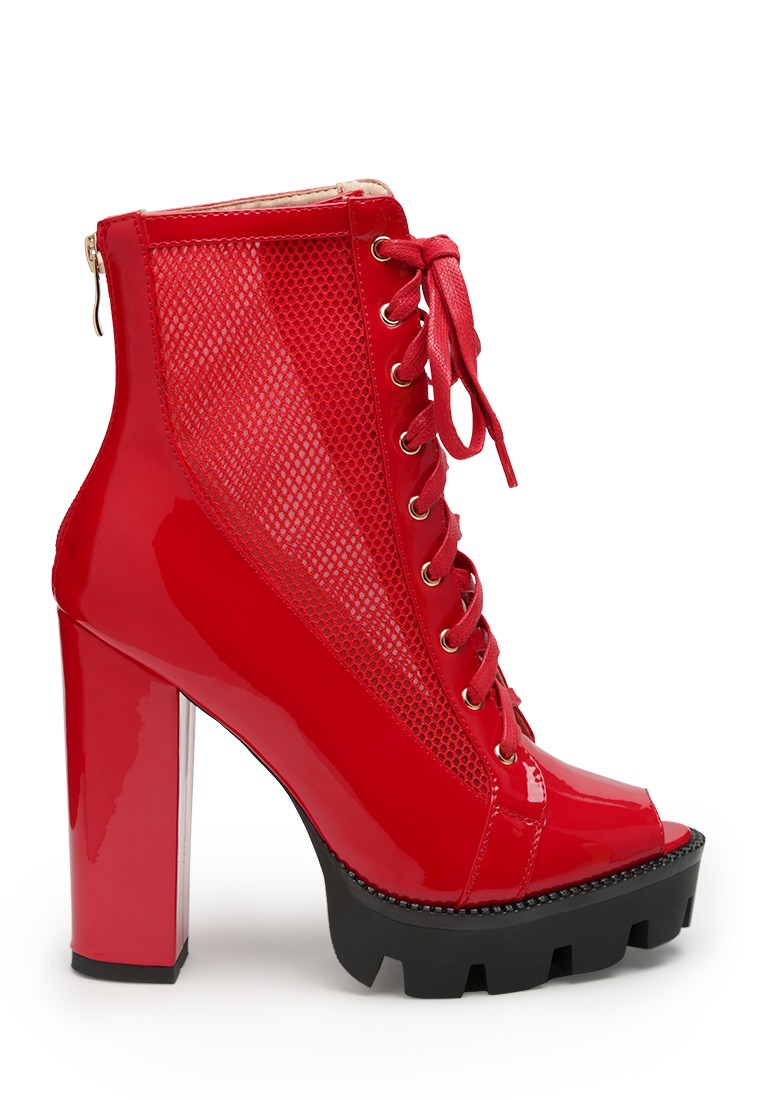 Peep Toe Lace-Up Booties in Red