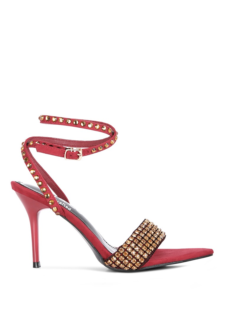 Burgundy High Heeled Diamante Sandals