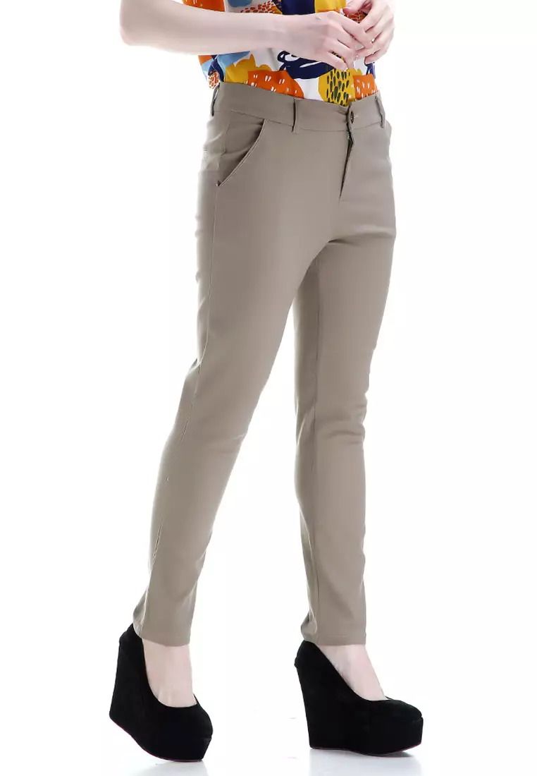 Tinsley Celana Chino Bawahan Wanita Kasual Motif Solid Long Pants Woman - Mocca
