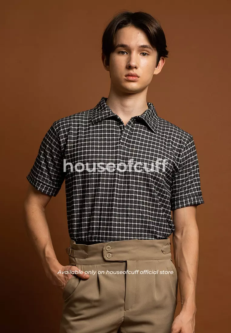 Houseofcuff Polo Shirt Knit Rajut Kaos Kerah Lengan Pendek Square Pattern Hitam