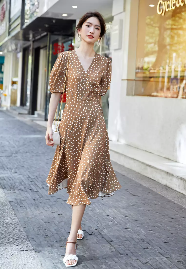 Puff Sleeve Summer Wrap Polka Dot Midi Dress