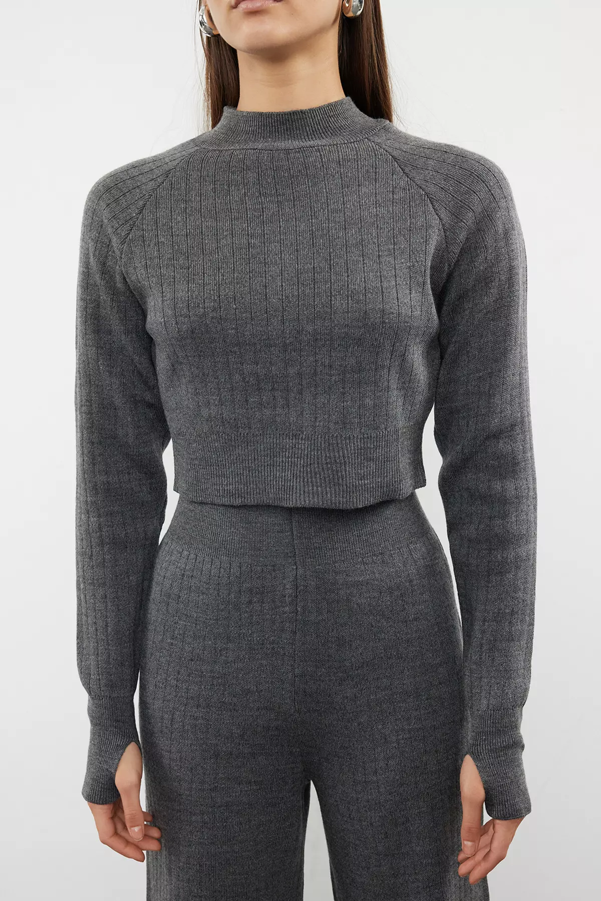 Anthracite Knitwear Crop Top And Trousers Set Toe Detailed